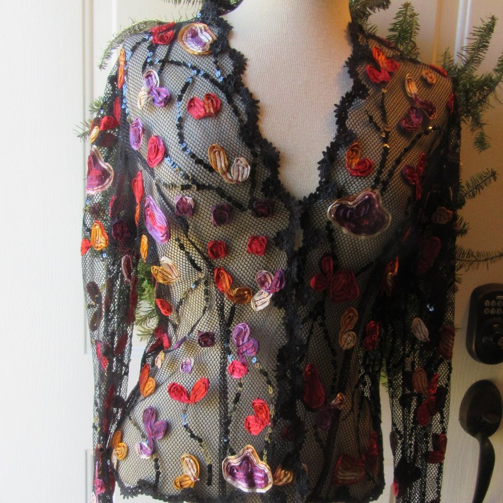JS Boutique Black Lace, Ribbon, Sequin Whimsigoth Fairy Button-Down Jacket Sz 8